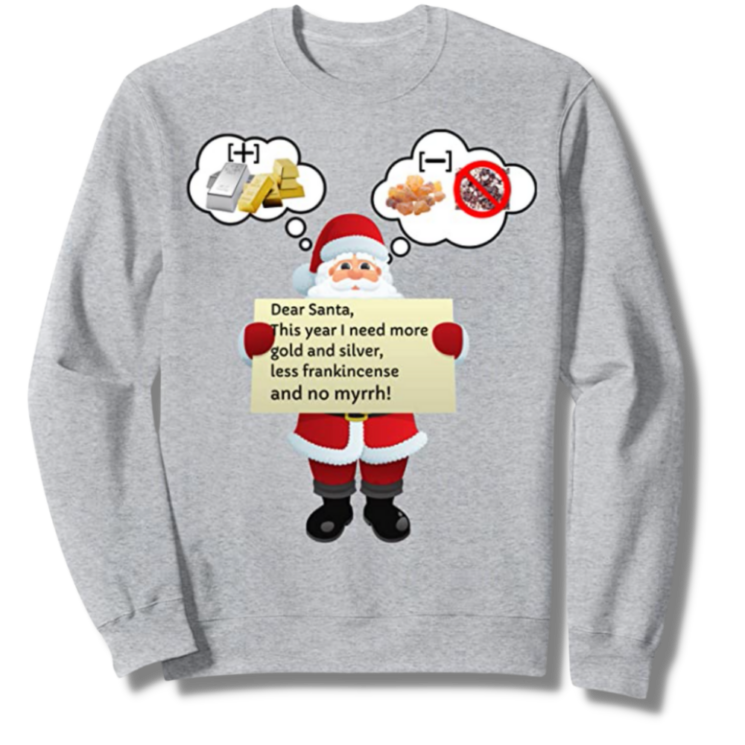 Dear Santa More Gold Silver Less Frankincense and No Myrrh! Heather Gray Sweatshirt